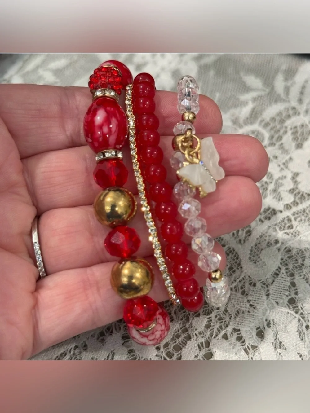 Red Beaded Multi-Strand Bracelet Set with Gold Accents and Butterfly Charm